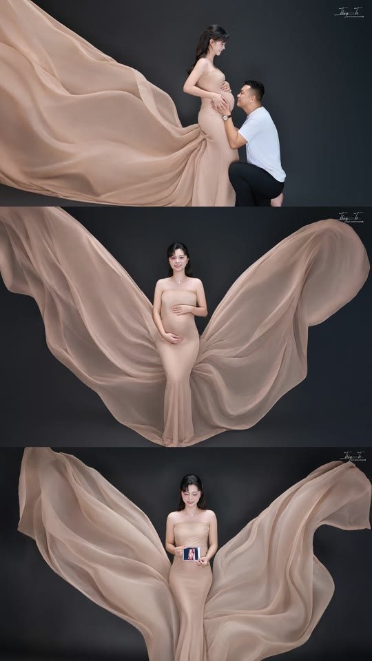 Tấm lụa be xoè như đôi cánh — hậu trường concept nền đen cho mẹ bầu